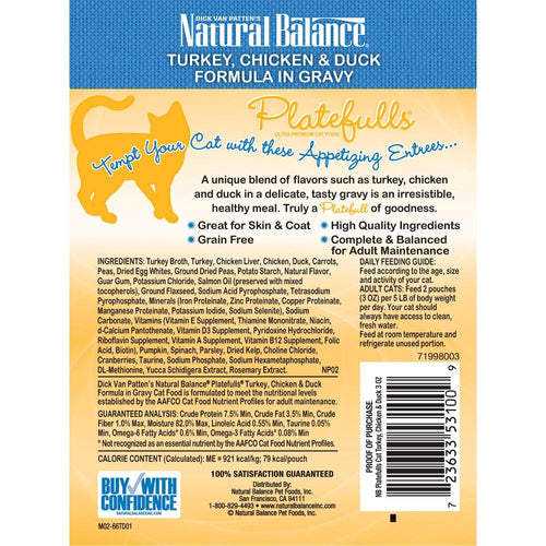 Natural Balance Platefulls Regular Grain Free Turkey Chicken and Duck in Gravy Pouch Wet Cat Food