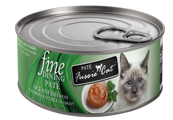 Fussie Cat Fine Dining - Pate - Oceanfish with Salmon Entree in gravy Cat Food (2.82 oz (80g) cans)