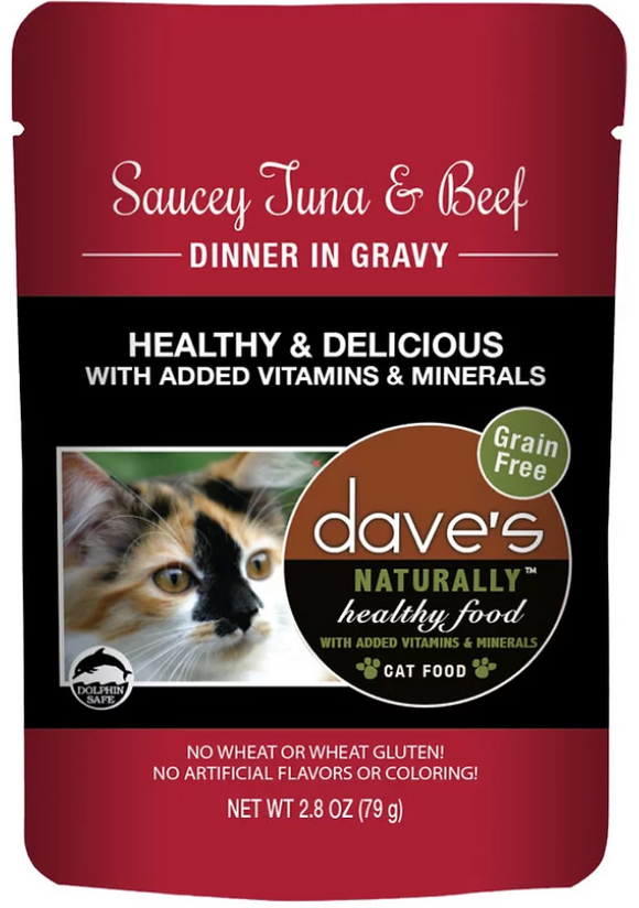 Dave’s Naturally Healthy Cat Food Pouch – Saucey Tuna & Beef Dinner in Gravy
